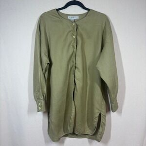 Vtg Tweeds Womens Linen Button Up Top Large Olive Oversized Lagenlook Minimalist